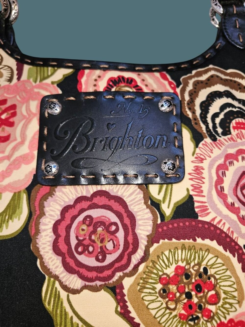 Brighton Canvas/Leather Colorful Floral Boho Hobo Stitched Tote Shoulder Bag - Picture 4 of 16